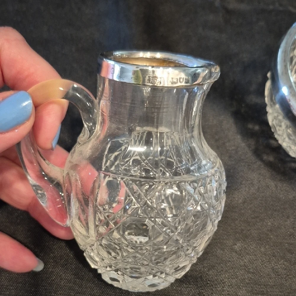 Vintage Sterling Silver Plated Crystal Cream And Sugar Set